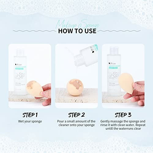 Steps to clean a makeup sponge using a cleanser.