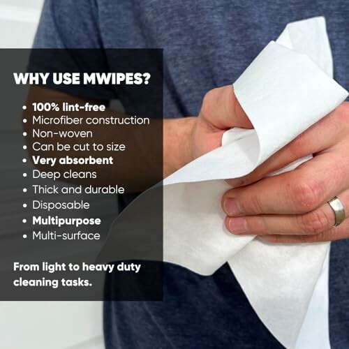 Person holding a cleaning wipe with list of benefits including lint-free, very absorbent, and multipurpose.