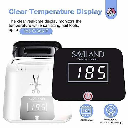 Nail tool sterilizer with clear temperature display, showing 185 degrees.