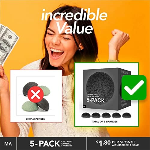 Woman excited about 5-pack organic konjac sponges, highlighting value over a 4-sponge pack.