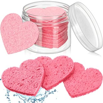 Heart-shaped pink sponges with a clear jar.