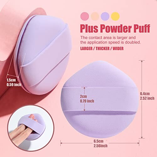 Purple plus powder puff with measurements and features highlighted.