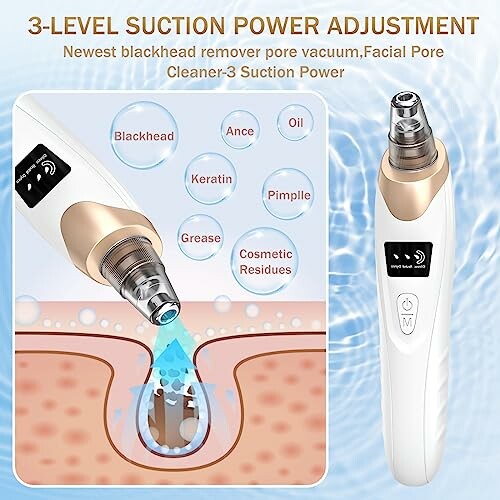 Facial pore vacuum with 3-level suction power adjustment.