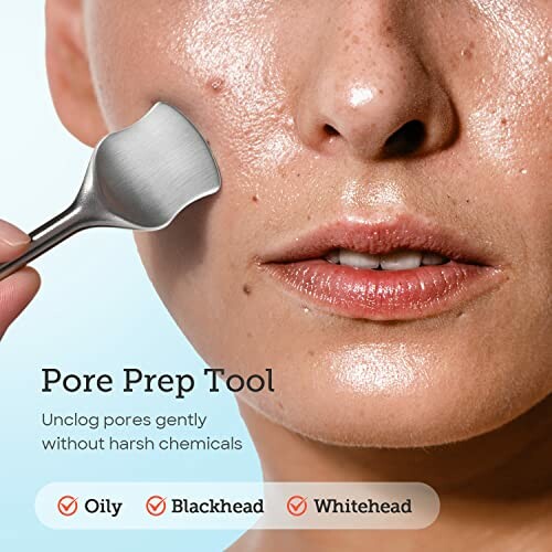 Close-up of a person using a pore prep tool on the cheek.