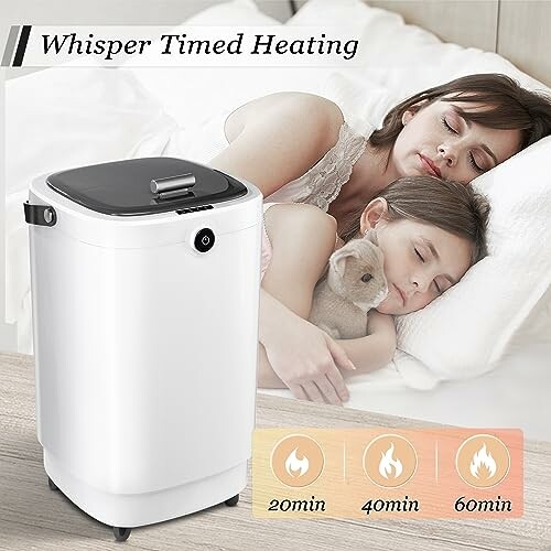 Woman and child sleeping beside a portable heater with timer settings.