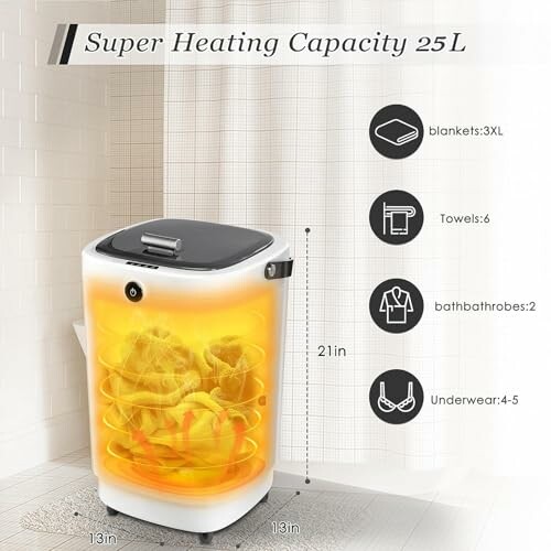 Portable washing machine with 25L heating capacity, showing blanket, towel, bathrobe, and underwear load capacity.