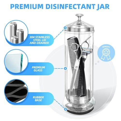Premium disinfectant jar with stainless steel lid, glass body, and rubber base holding combs and scissors.