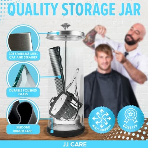 Barber storage jar with combs and stainless steel cap.