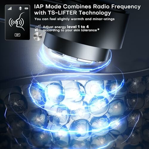 Radio frequency skincare device with TS-LIFTER technology showing energy levels.
