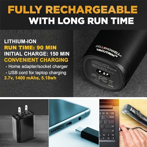 Rechargeable battery with long run time for Bell Howell Vacutrim.