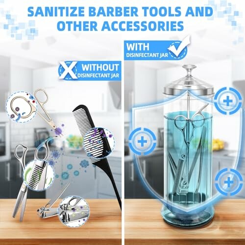 Comparison of barber tools with and without disinfectant jar.