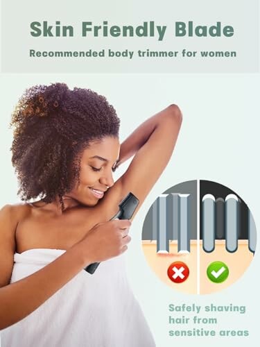 Woman using skin-friendly body trimmer with safety illustration.