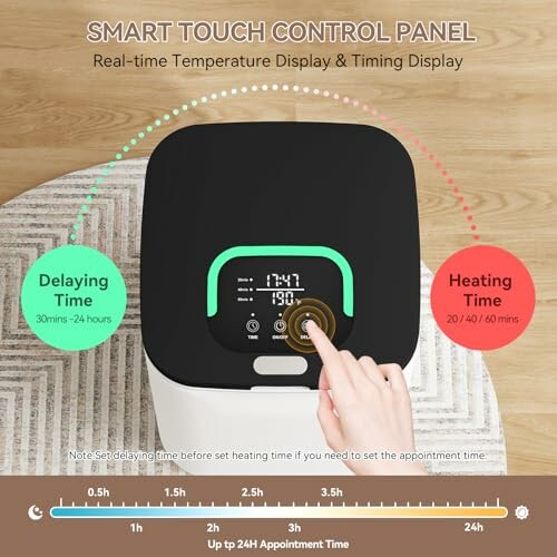 Smart touch control panel with temperature and timing display, showing finger adjusting settings.