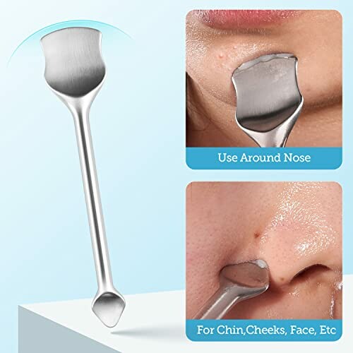 Stainless steel blackhead remover tool with demonstration images for use on face.
