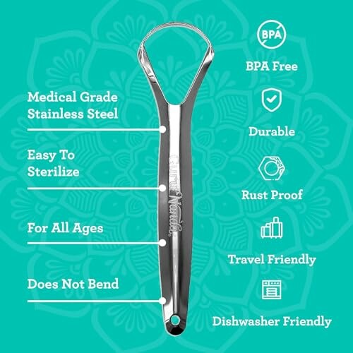 Stainless steel tongue scraper with features listed: BPA free, durable, rust-proof, travel friendly, dishwasher friendly, medical grade stainless steel, easy to sterilize, for all ages, does not bend.