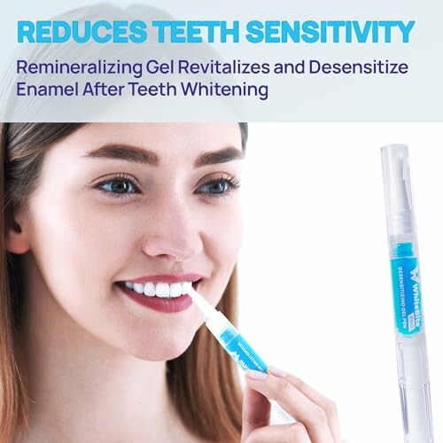 Woman using remineralizing gel for teeth sensitivity after whitening.