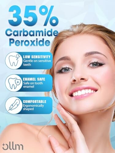 Woman smiling with benefits of 35% carbamide peroxide for teeth whitening.