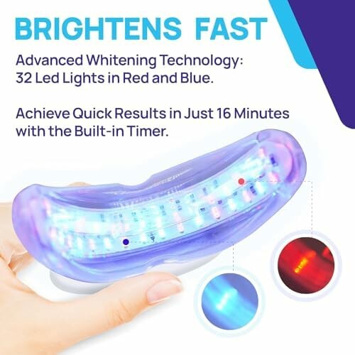 Teeth whitening device with 32 LED lights in red and blue.