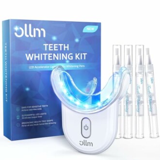 Teeth whitening kit with LED light and whitening pens.