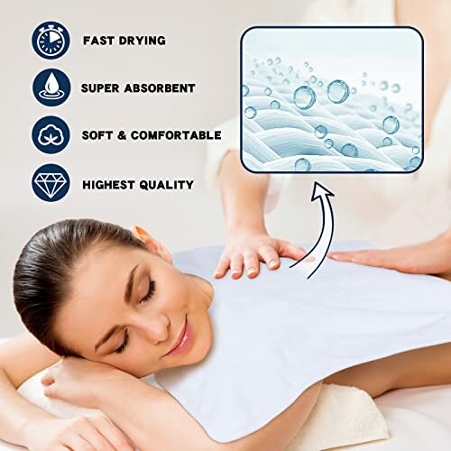 Woman with towel showcasing fast drying, super absorbent, soft and comfortable, highest quality features.