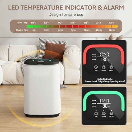 Towel warmer with LED temperature indicator and alarm display.