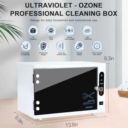 Ultraviolet ozone professional cleaning box with features and dimensions.