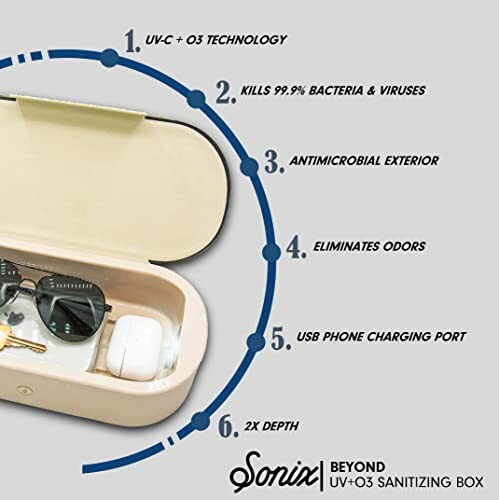 UV sanitizing box with features like antimicrobial exterior and USB charging port.