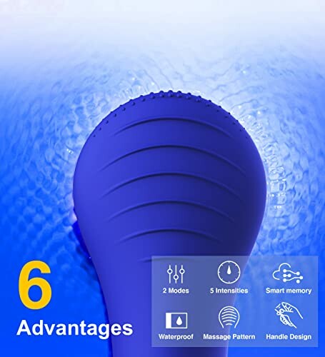 Blue waterproof massager with features listed: 2 modes, 5 intensities, smart memory, massage pattern, handle design.