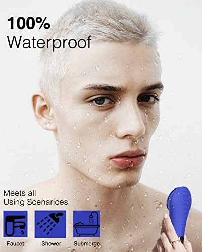 Person with wet hair holding a waterproof product, with icons for faucet, shower, and submerge use.