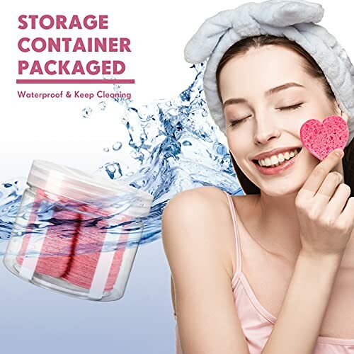 Woman using a heart-shaped face sponge with storage container.